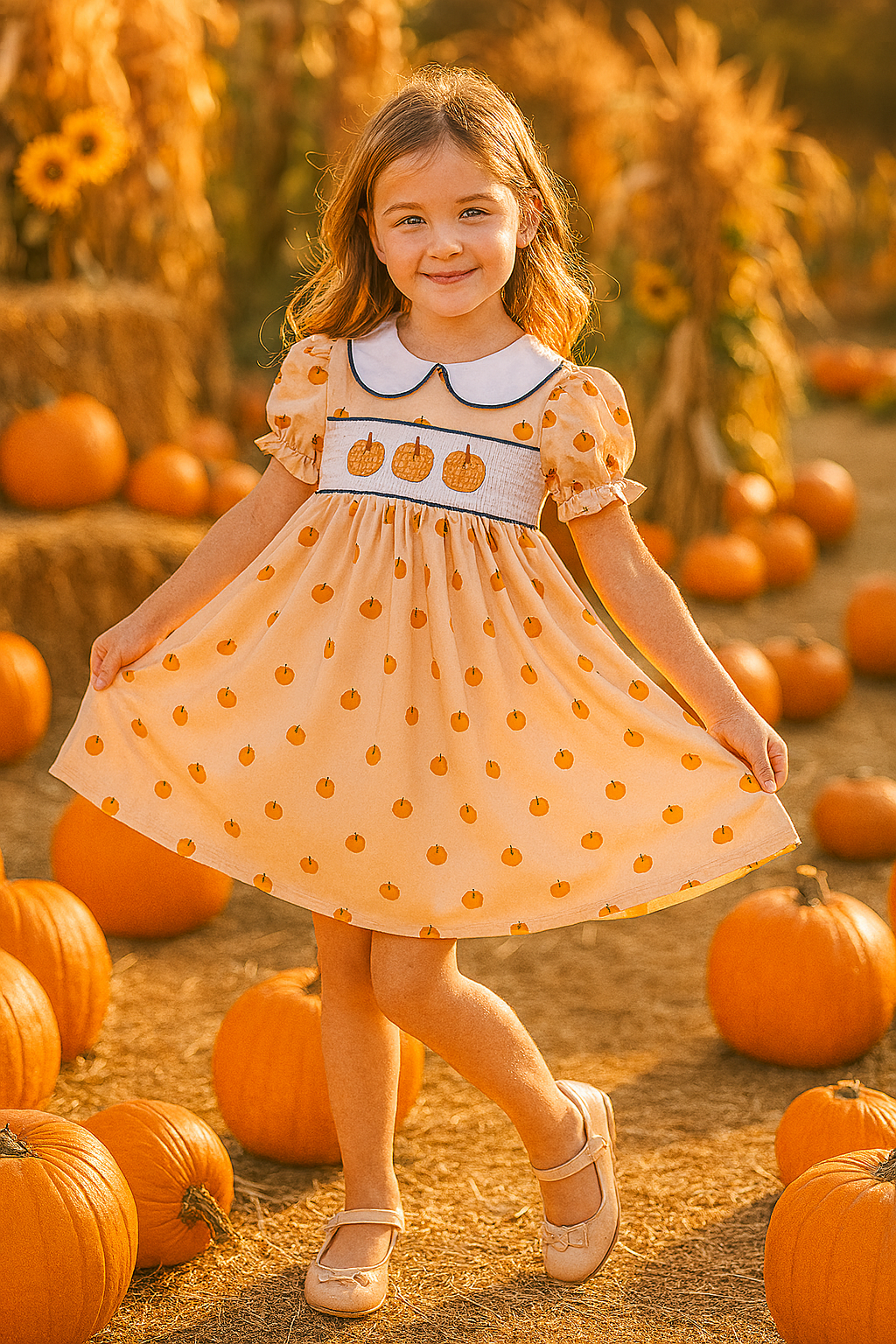 Khaki Embroidery Smocked Dress