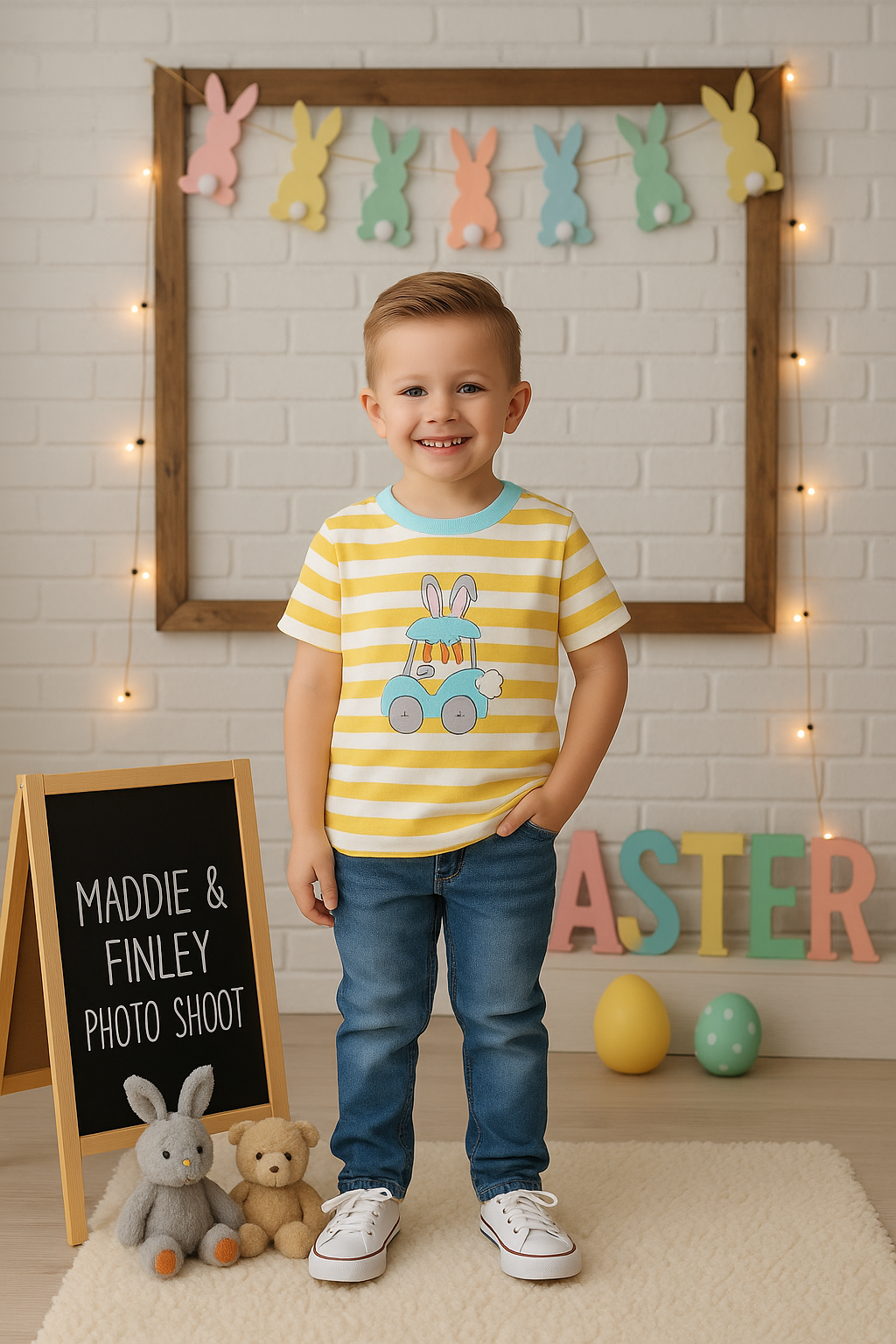 Yellow Embroidered Bunny Car Striped Shirt