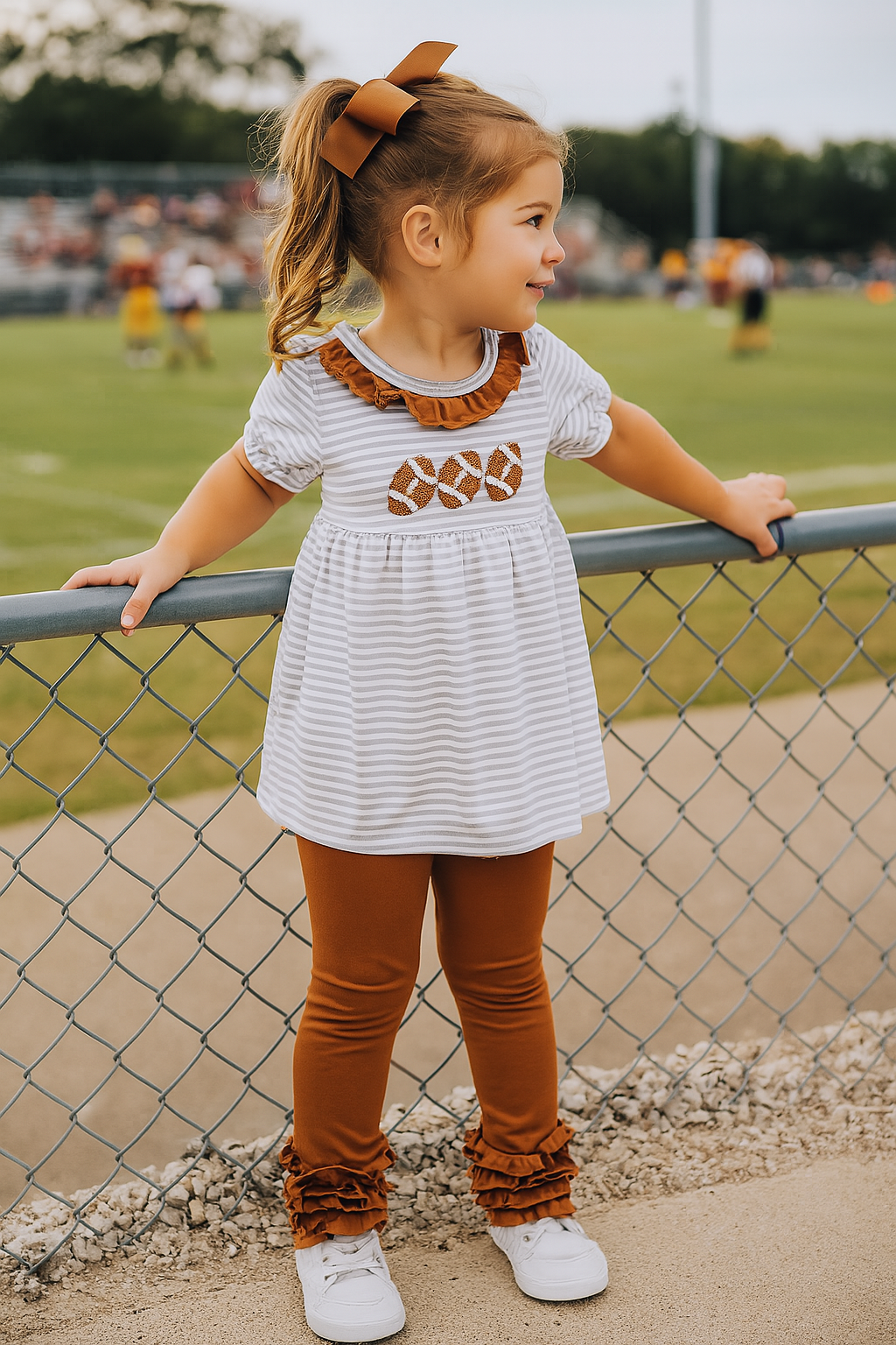 Brown Football French Knot Stripe Girl Set