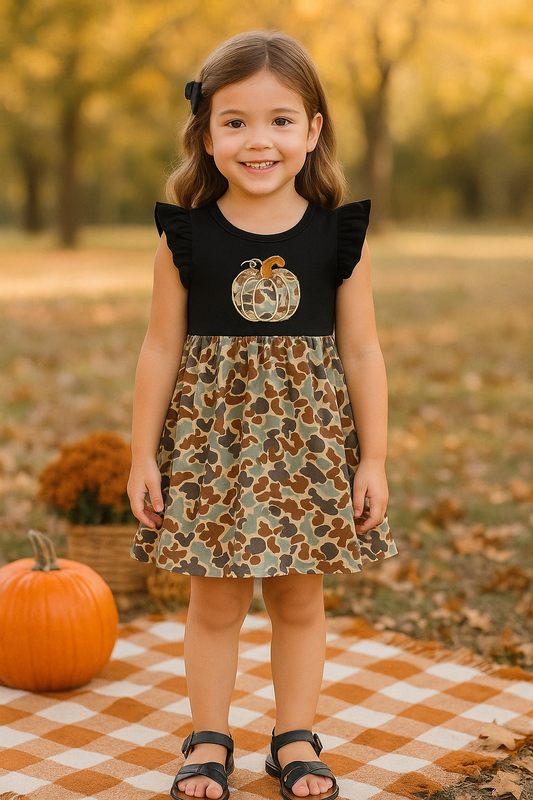 Black Camouflage Pumpkin Applique Ruffle Dress
