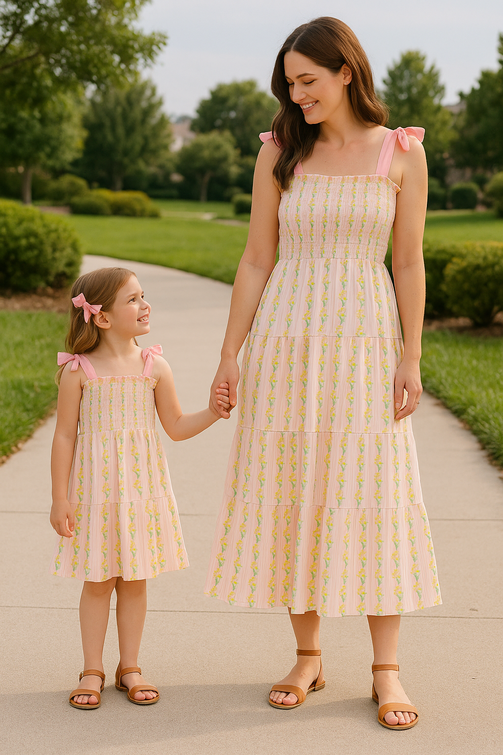Pink Lemon Print Bow Smocked Tiered Mom&Me Dress