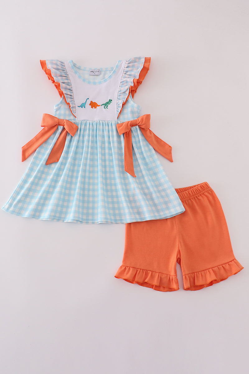 Blue Dinosaur Embroidery Gingham Ruffle Shorts Set