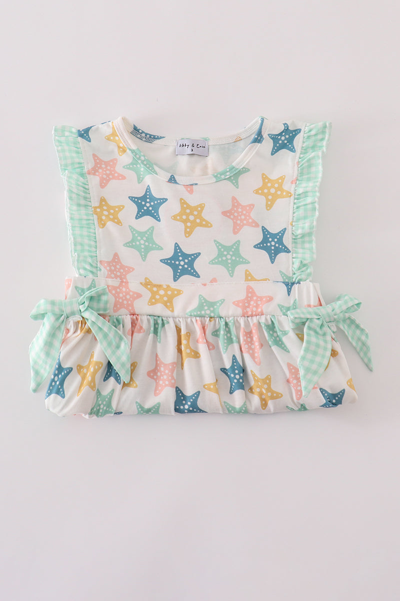 Blue Seashell Bow Ruffle Dress