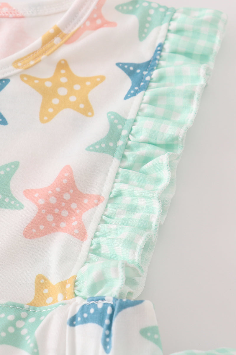Blue Seashell Bow Ruffle Shorts Set
