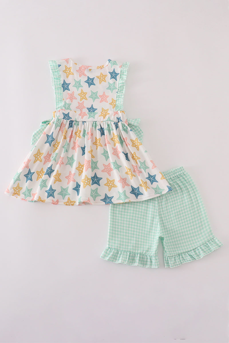 Blue Seashell Bow Ruffle Shorts Set