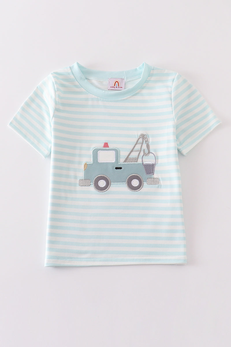 Blue Stripe Crane Truck Applique Top