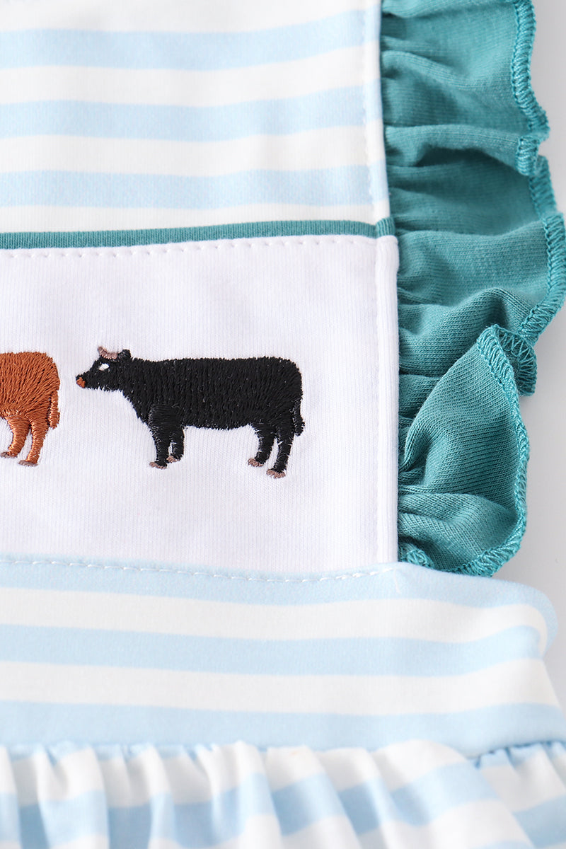 Blue Stripe Cow Embroidery Girl Set