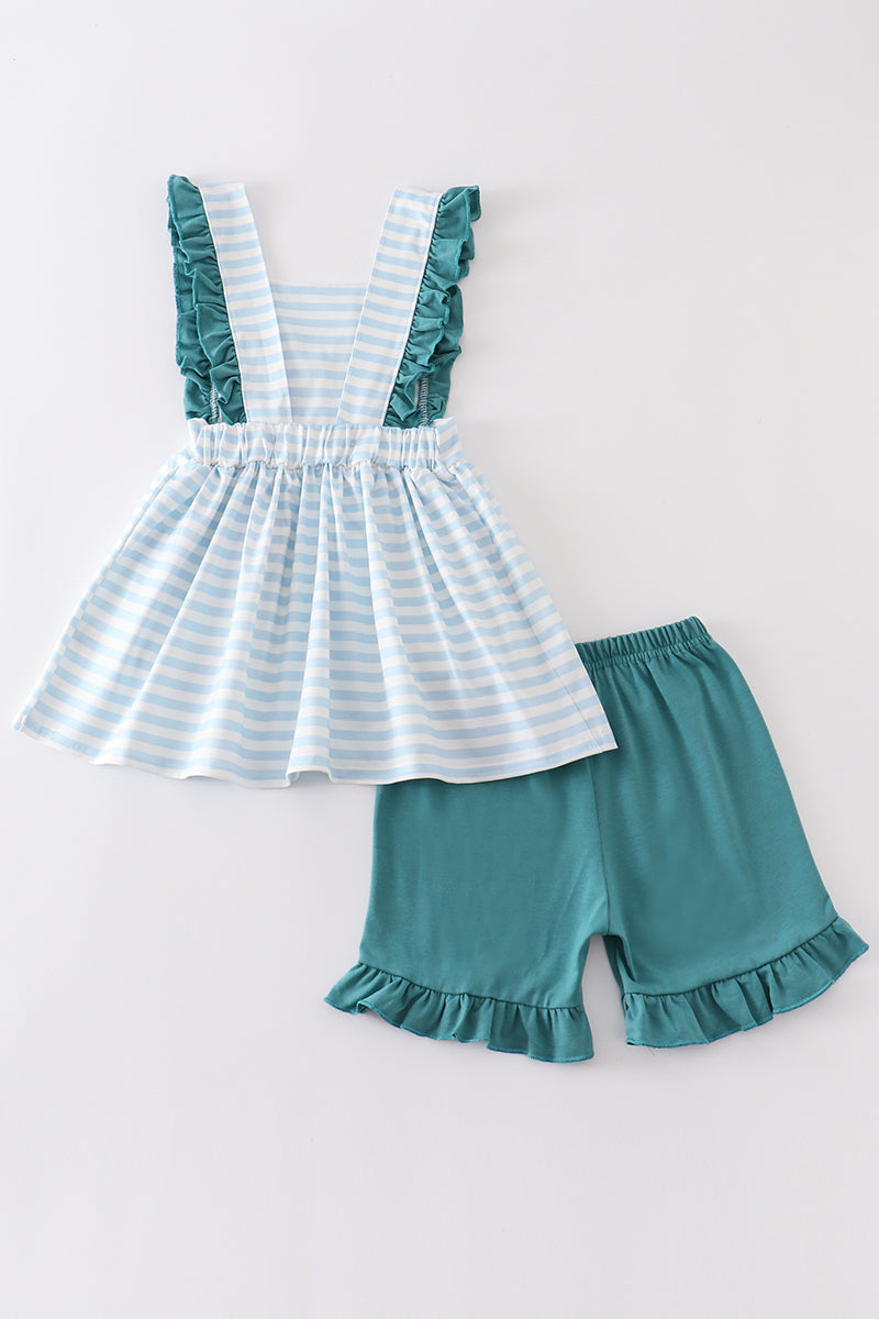 Blue Stripe Cow Embroidery Girl Set