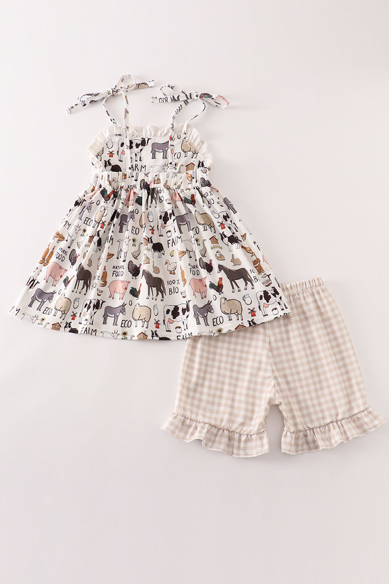 Beige Farm Strap Girl Set
