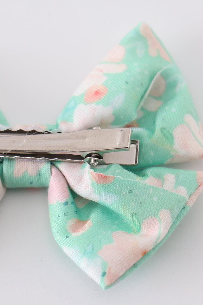 Green Floral Print Girl Piggie Hair Bow