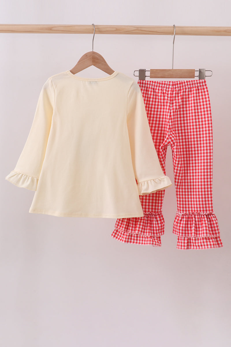 Beige Reindeer Sequin Ruffle Pants Set