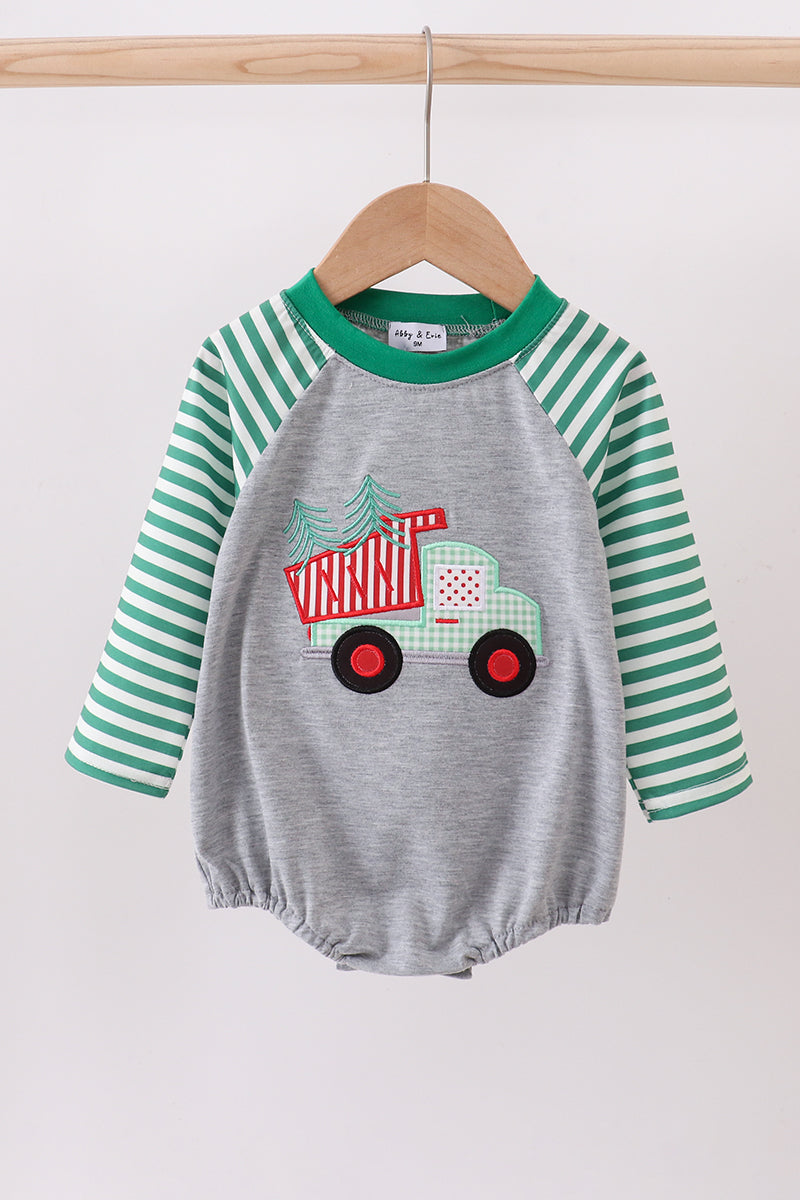 Green Tree Tractor Applique Stripe Bubble