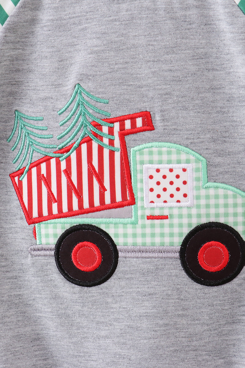 Green Tree Tractor Applique Stripe Bubble