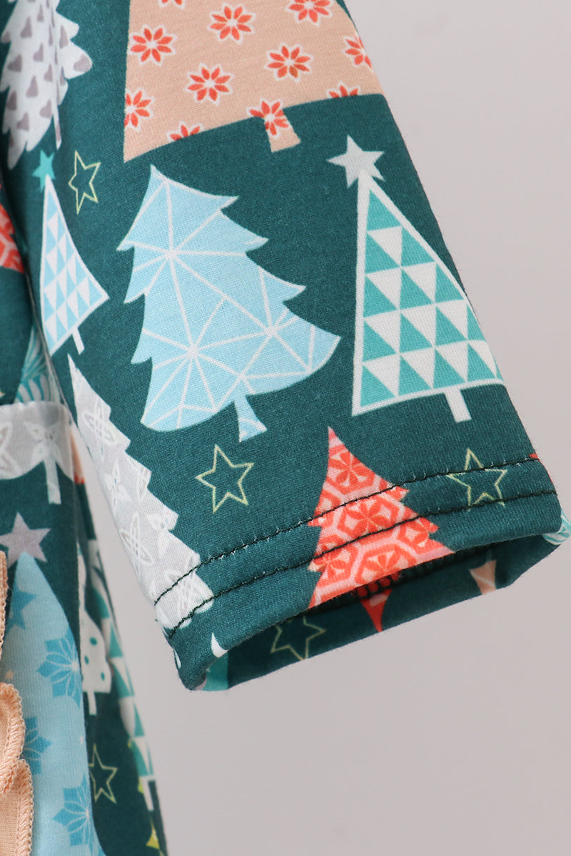 Green Tree Print Ruffle Dress