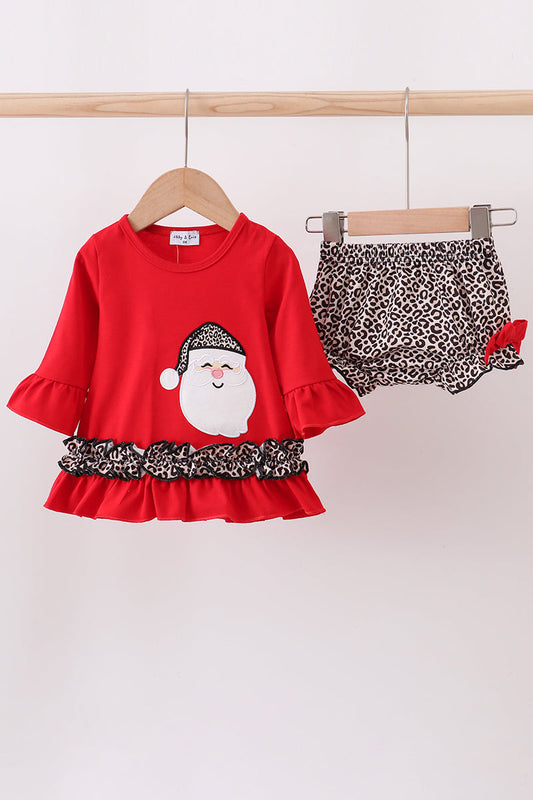 Red Santa Claus Applique Leopard Ruffle Bloomer Set