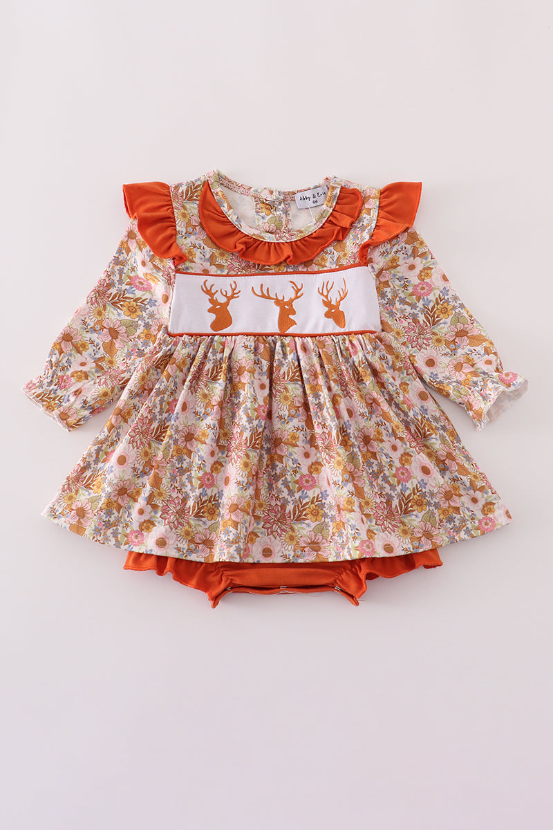 Rust Floral Print Deer Embroidery Ruffle Bubble