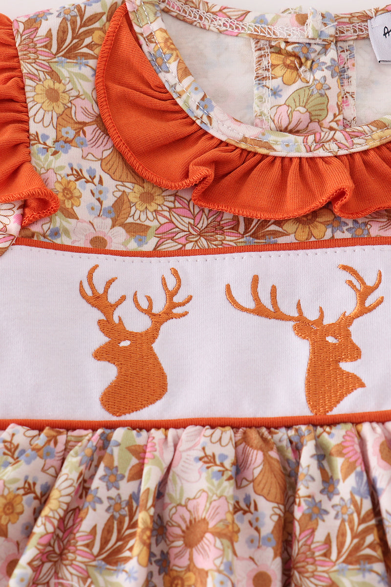 Rust Floral Print Deer Embroidery Ruffle Bubble
