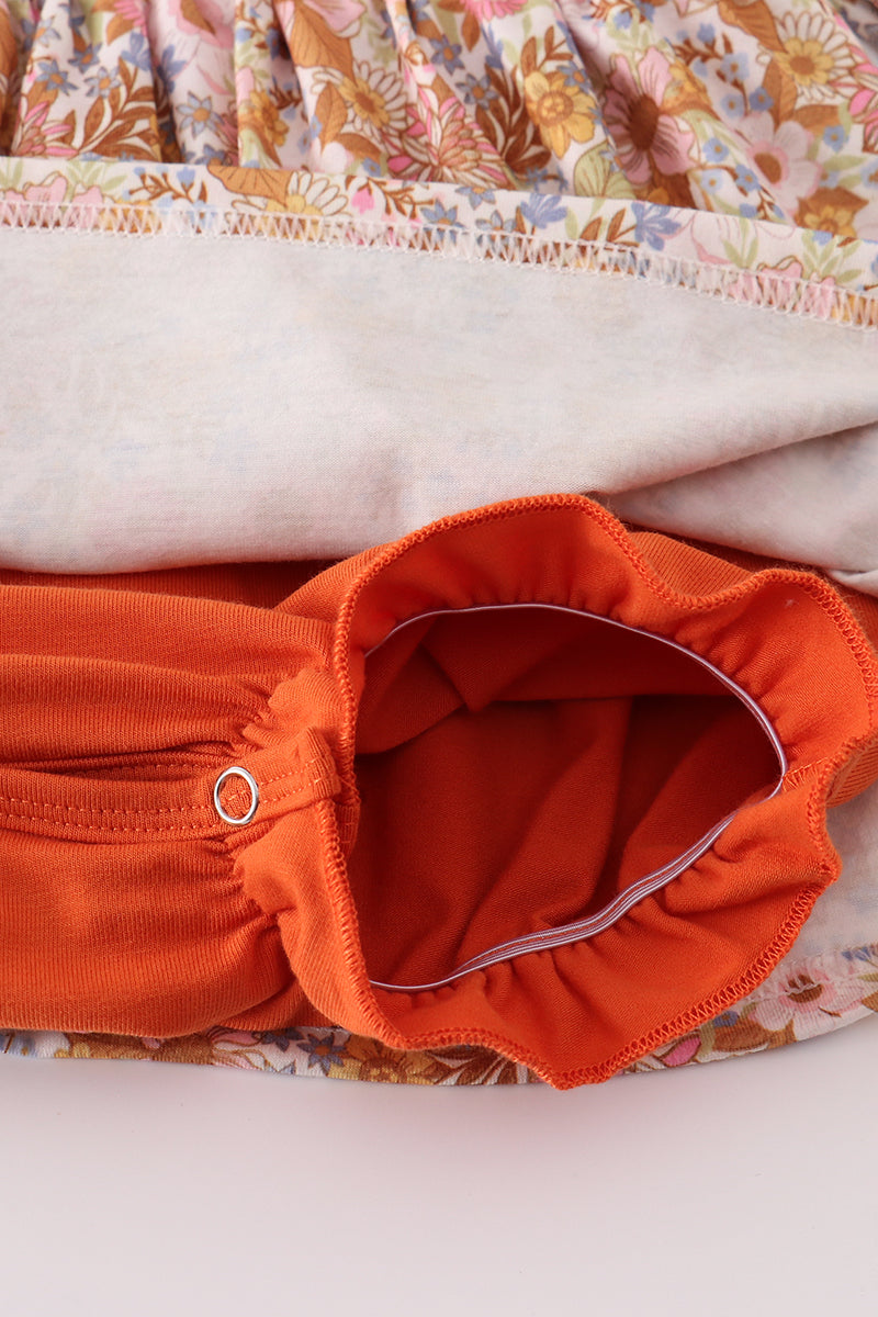 Rust Floral Print Deer Embroidery Ruffle Bubble