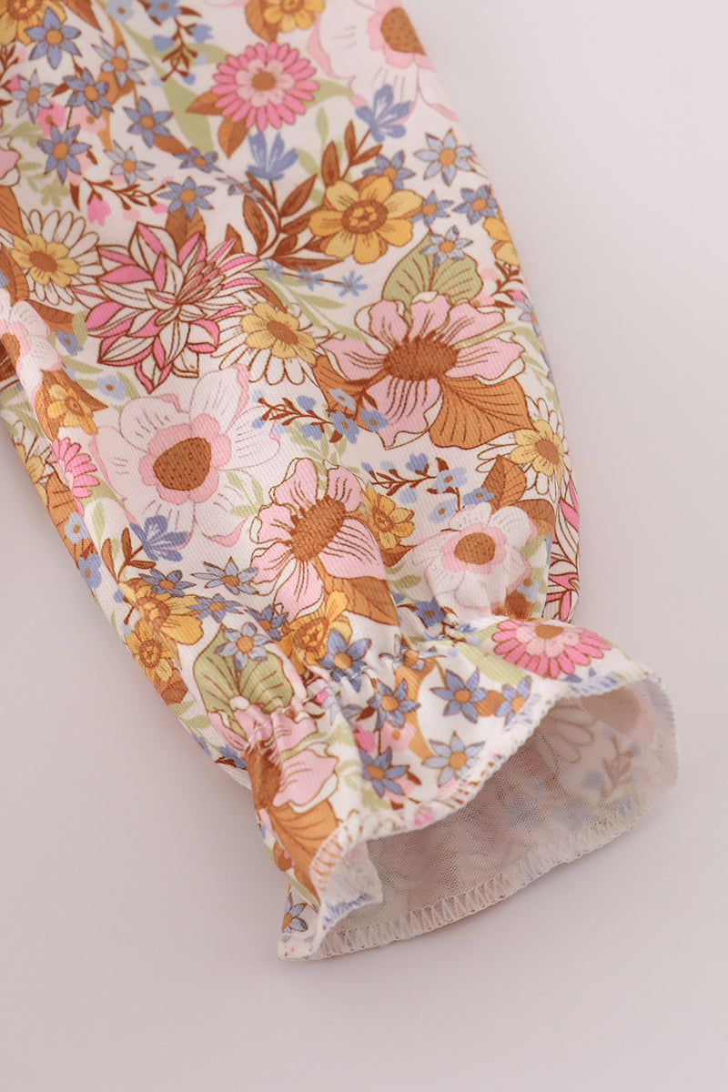 Rust Floral Print Deer Embroidery Ruffle Bubble