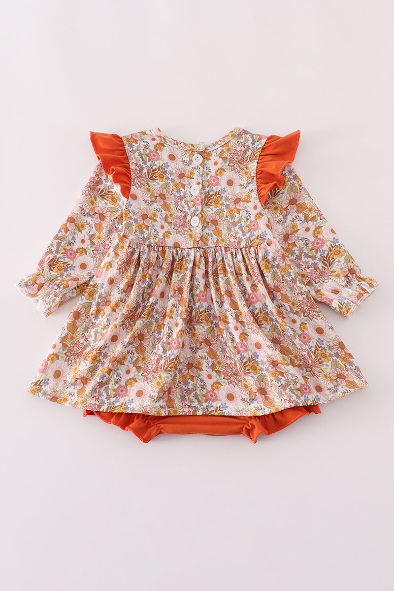 Rust Floral Print Deer Embroidery Ruffle Bubble