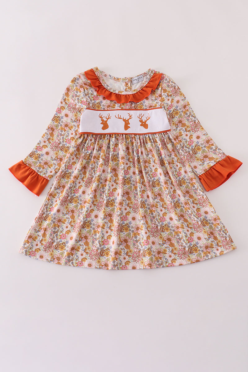 Rust Flroal Print Deer Embroidery Ruffle Dress