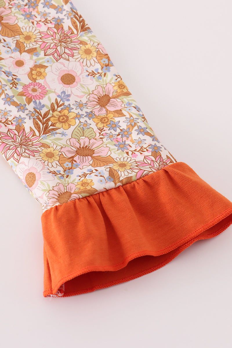 Rust Flroal Print Deer Embroidery Ruffle Dress