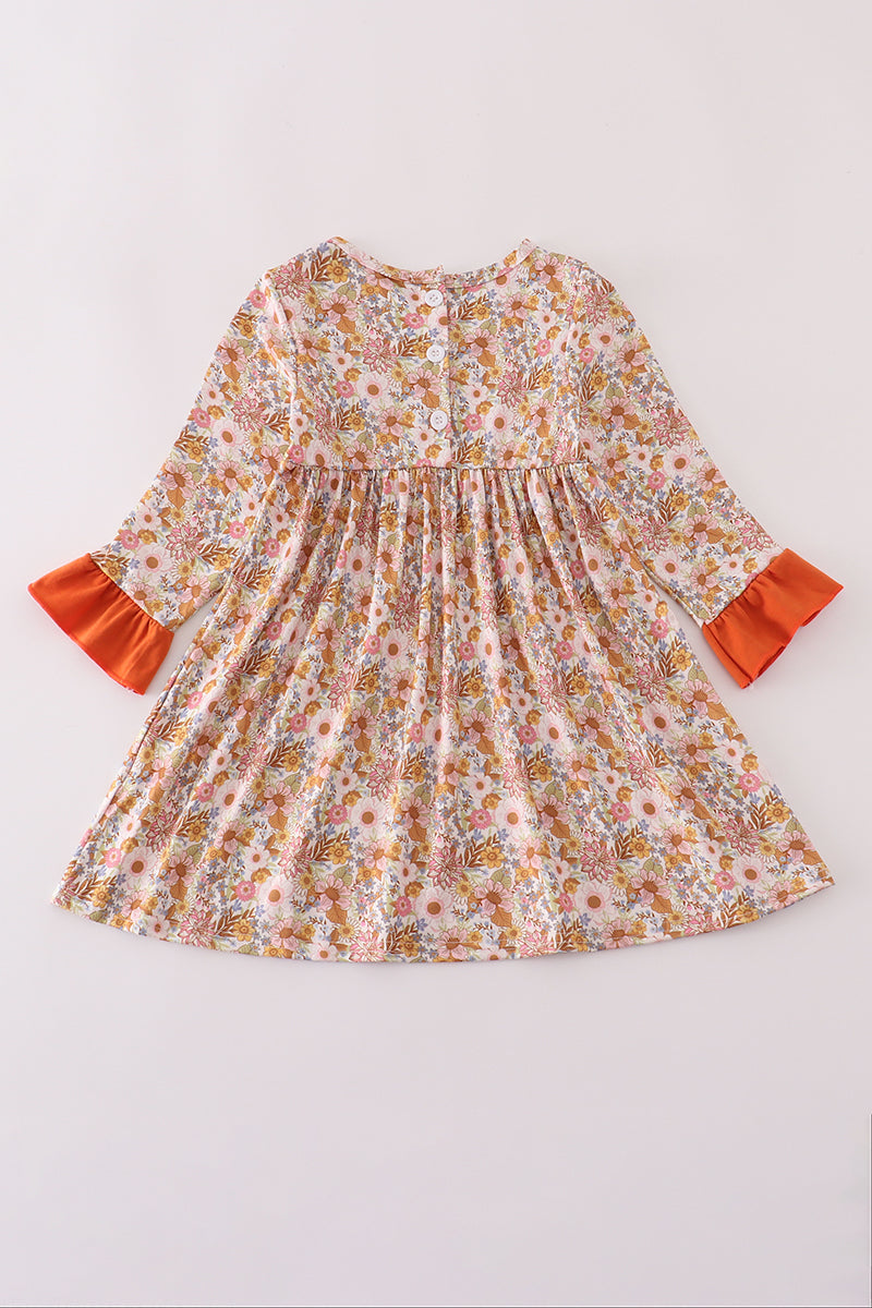 Rust Flroal Print Deer Embroidery Ruffle Dress