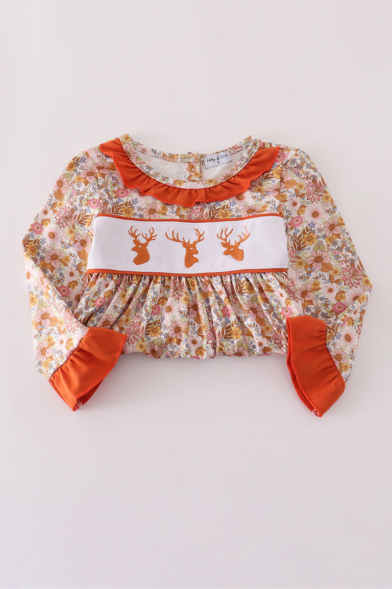 Rust Flroal Print Deer Embroidery Ruffle Dress