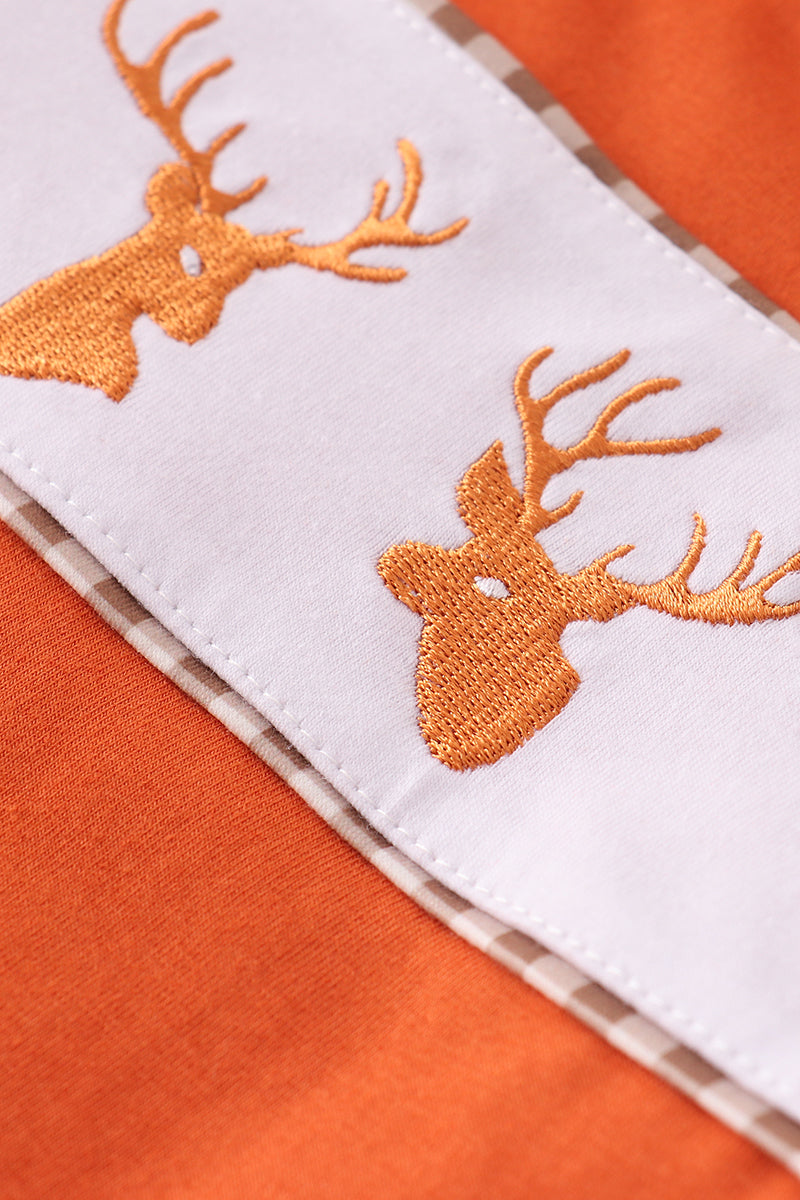 Rust Deer Embroidery Gingham Pants Set