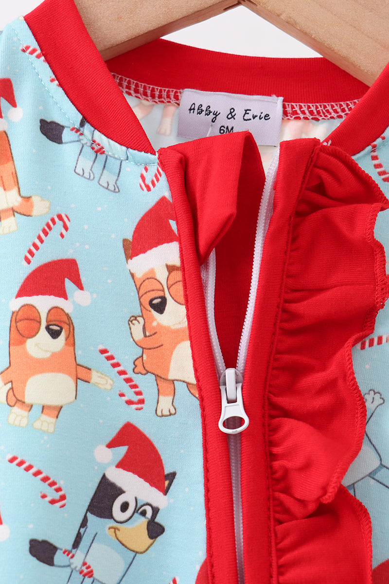 Blue Christmas Character Print Ruffle Romper