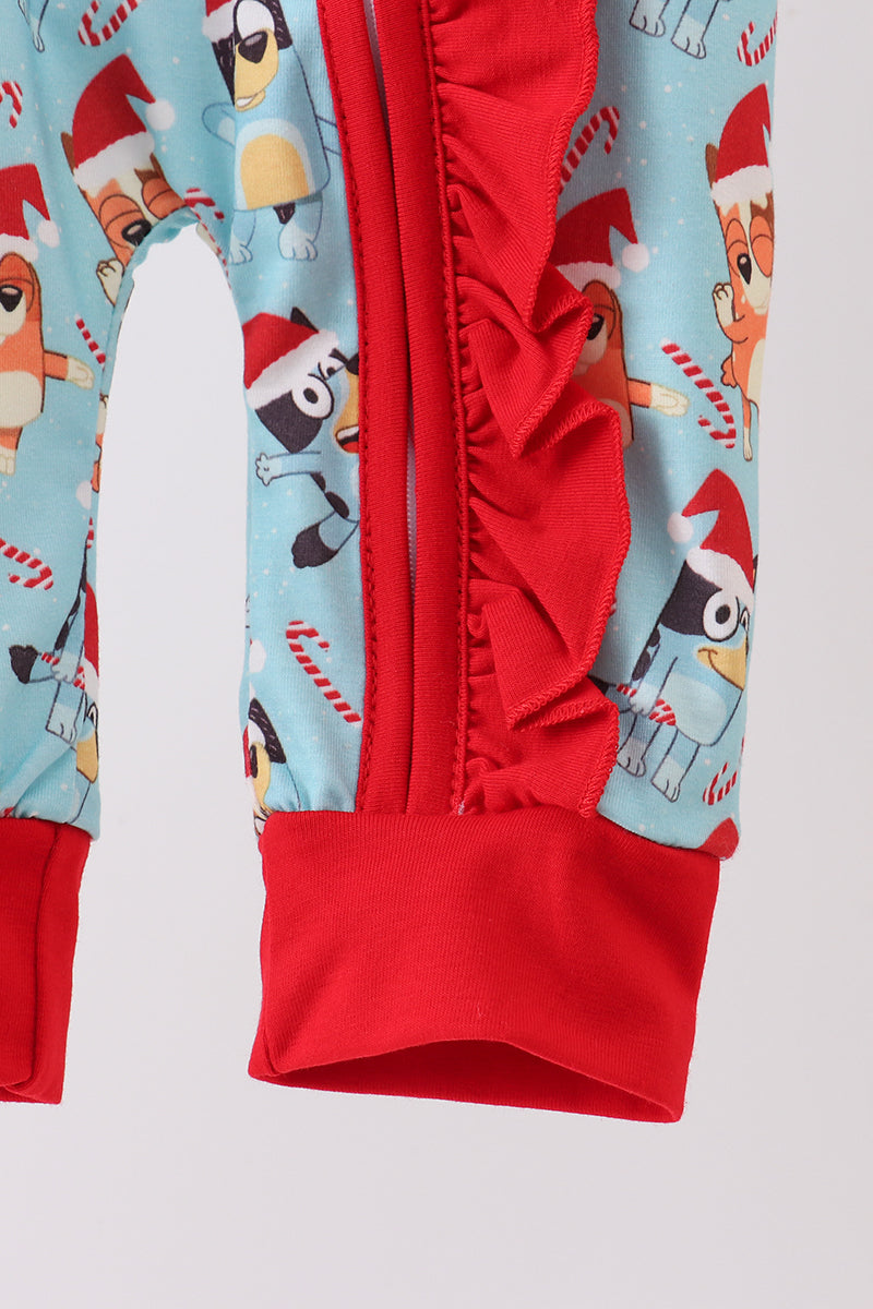 Blue Christmas Character Print Ruffle Romper