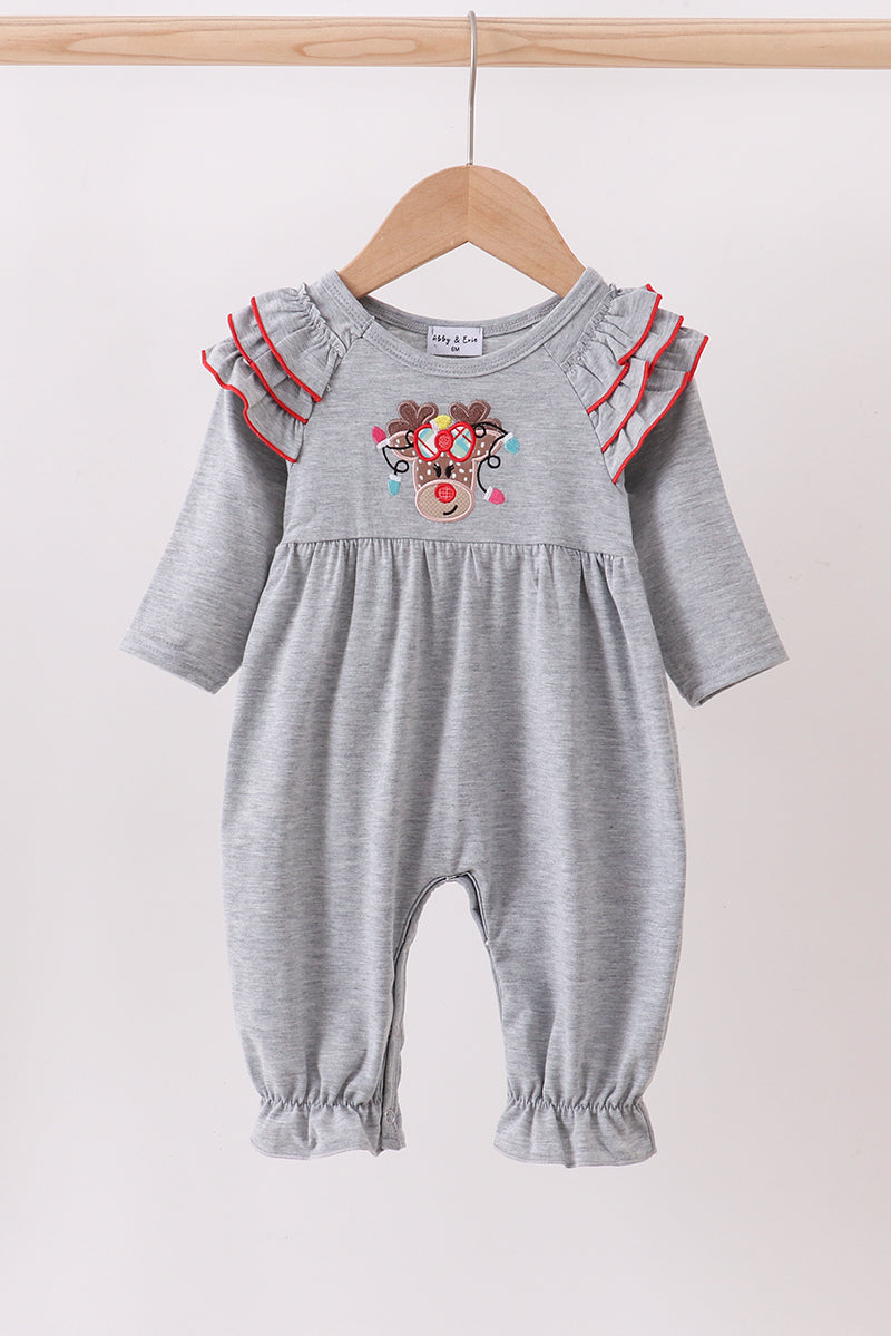 Grey Reindeer Applique Ruffle Romper
