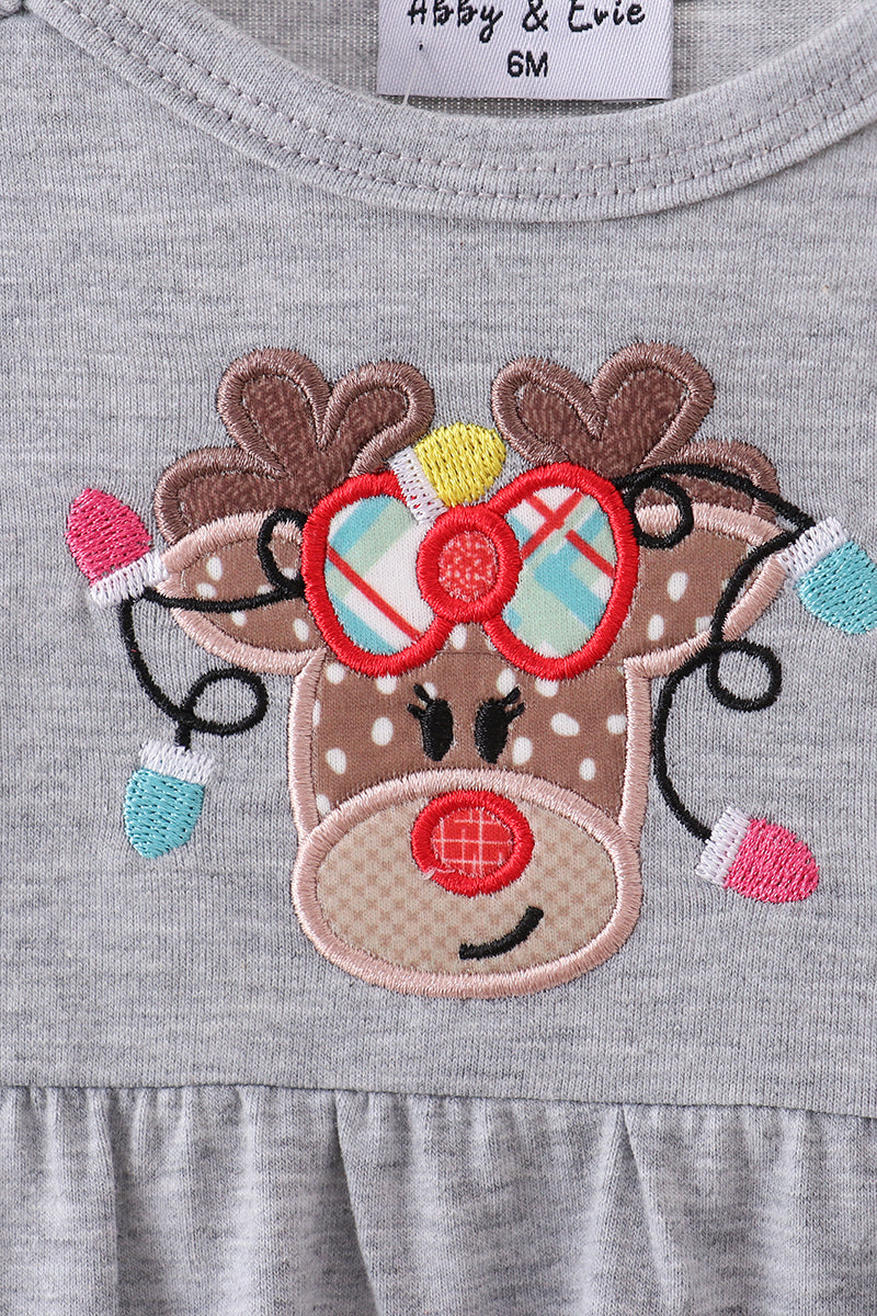 Grey Reindeer Applique Ruffle Romper