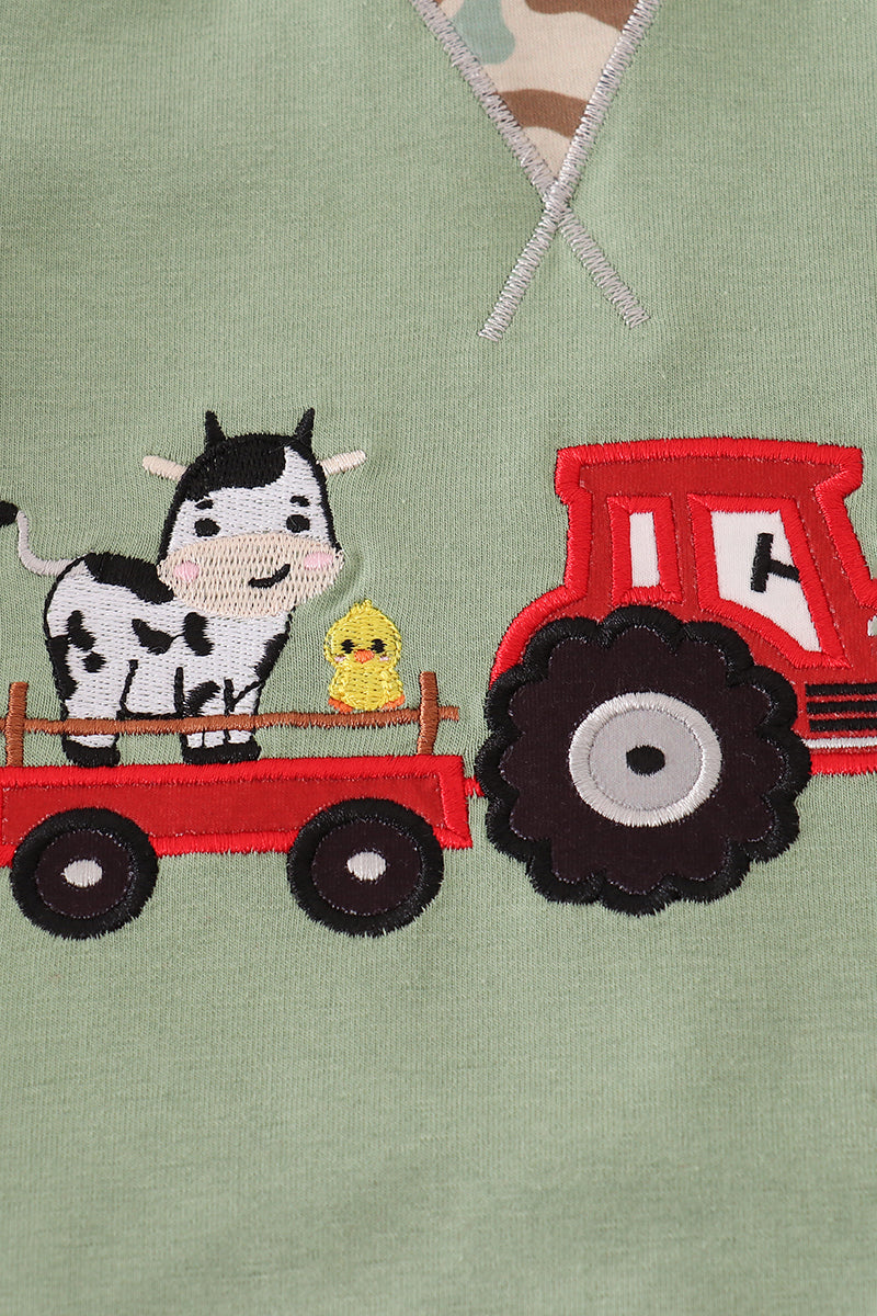 Green Camouflage Cow Tractor Applique Pants Set