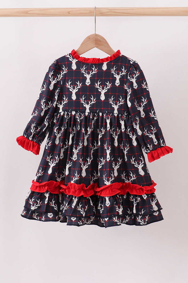 Navy Deer Print Ruffle Dress