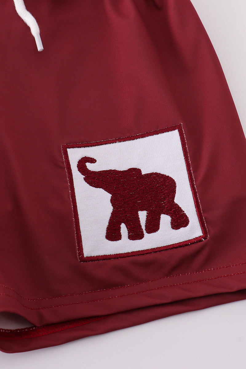 Maroon Elephant Embroidery Swim Trunks