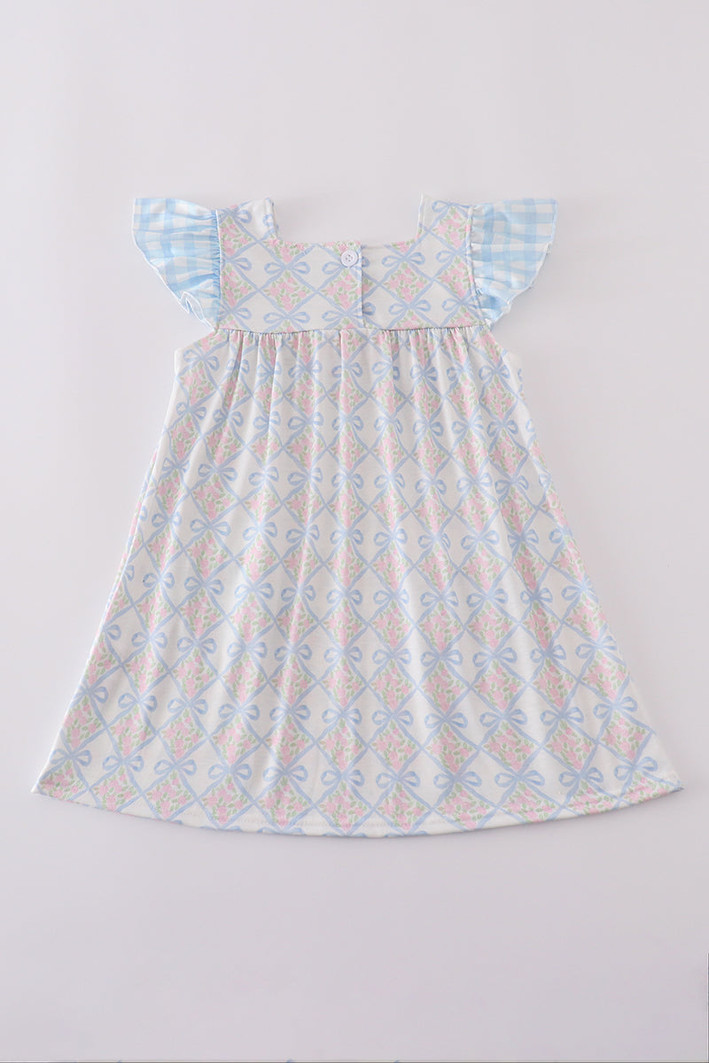 Plaid Floral Bow Print Girl Dress