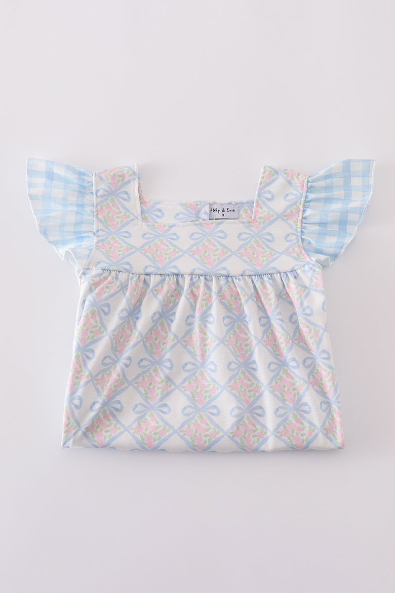 Plaid Floral Bow Print Girl Dress