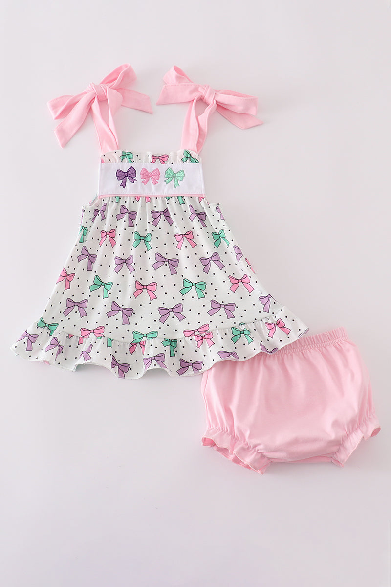 Pink Bow Embroidery Print Bloomer Set