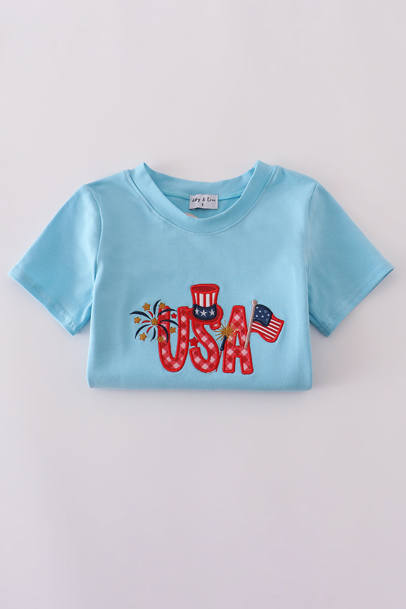 Blue Usa Flag Embroidery Shorts Set