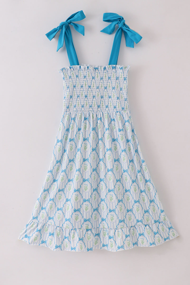Blue Floral Bow Tie Strap Mom Dress