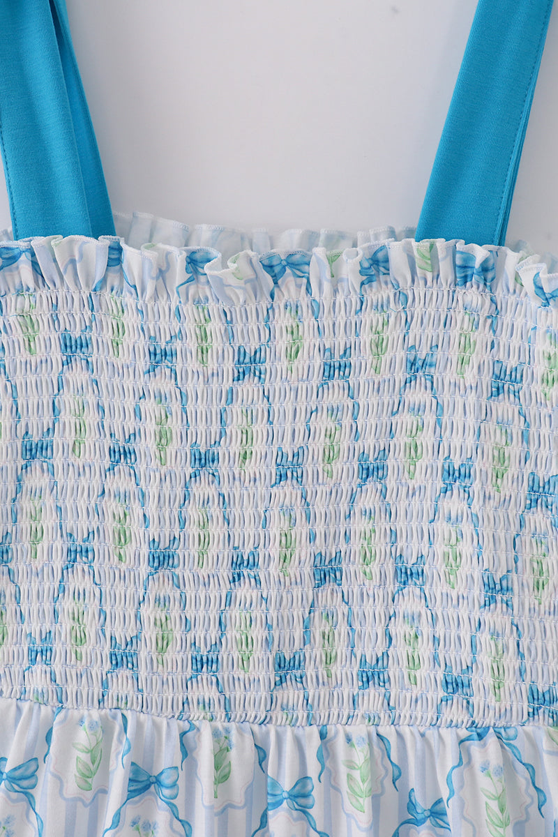 Blue Floral Bow Tie Strap Mom Dress