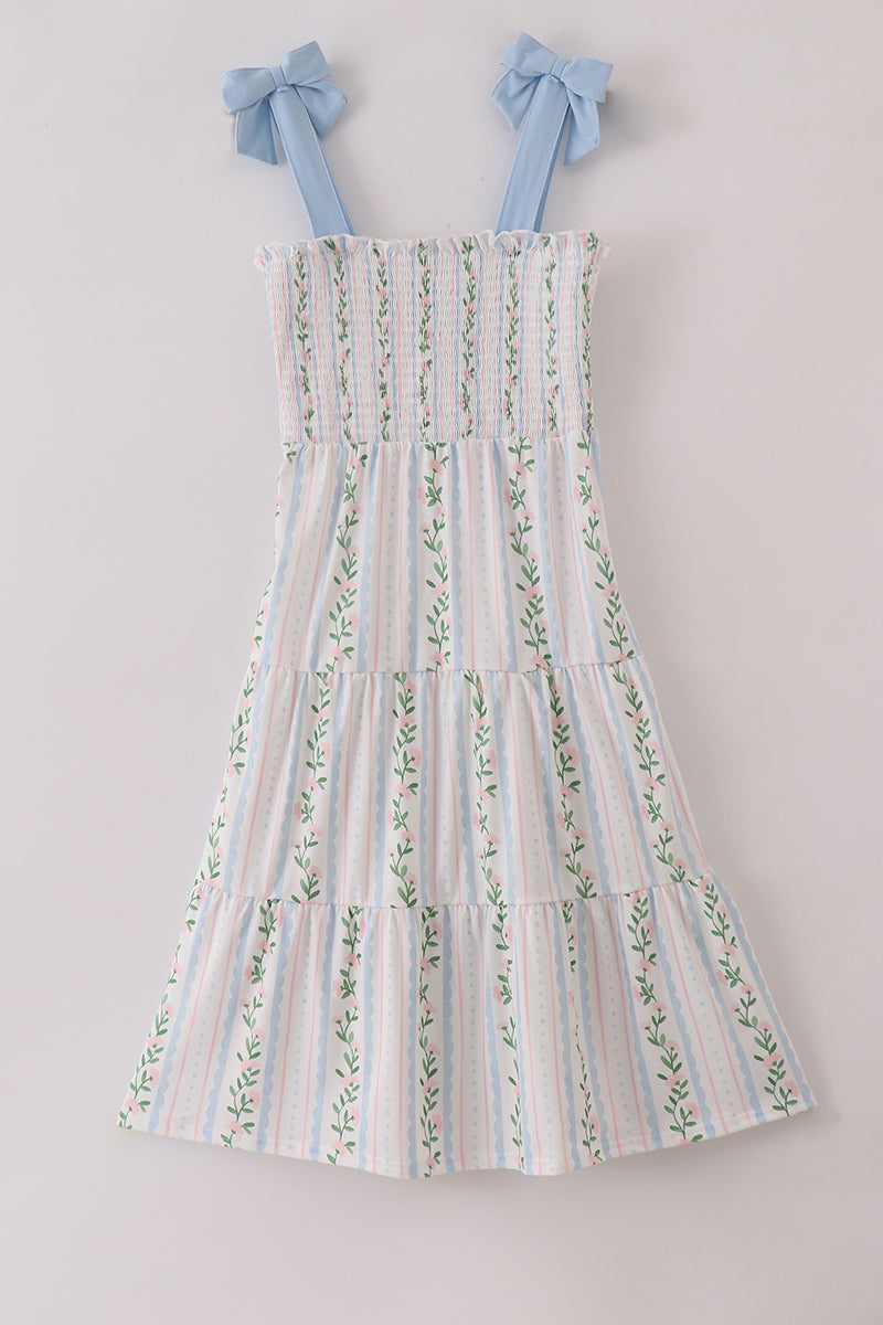 Blue Floral Smocked Women Dress