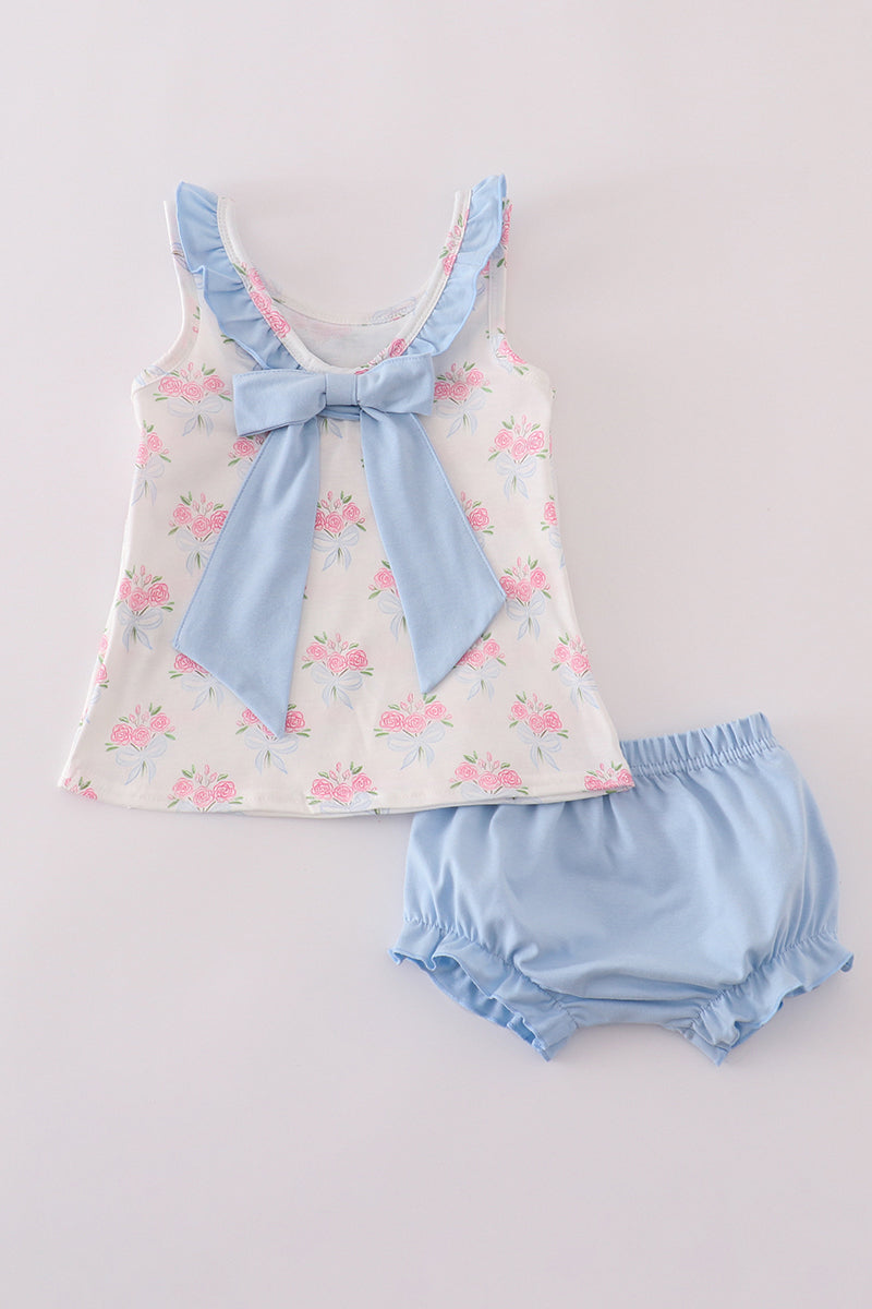 Blue Floral Bow Print Ruffle Bloomer Set