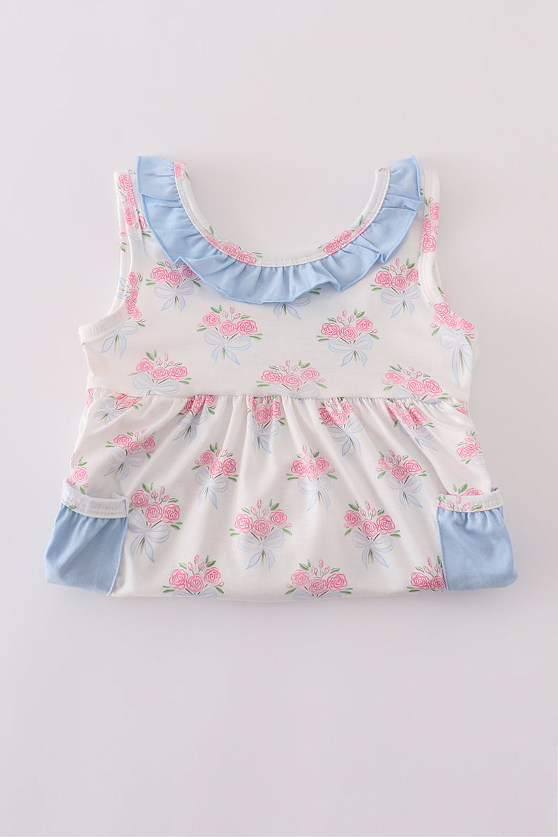 Blue Floral Bow Print Ruffle Shorts Set