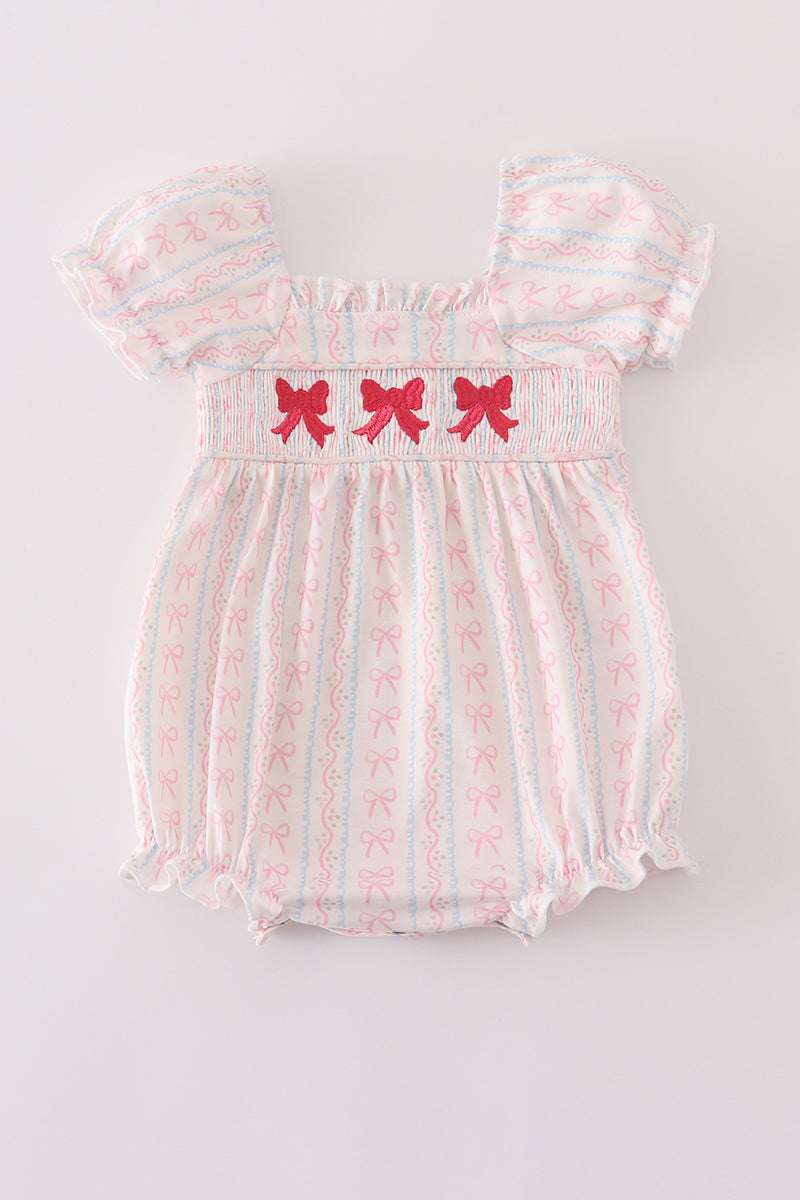 Pink Bow Embroidery Smocked Bubble