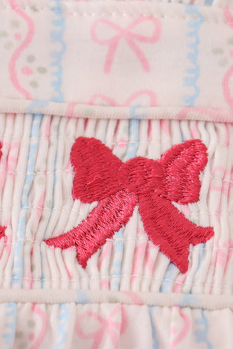 Pink Bow Embroidery Smocked Bubble