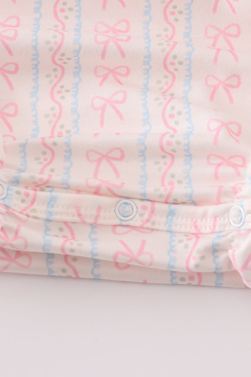 Pink Bow Embroidery Smocked Bubble
