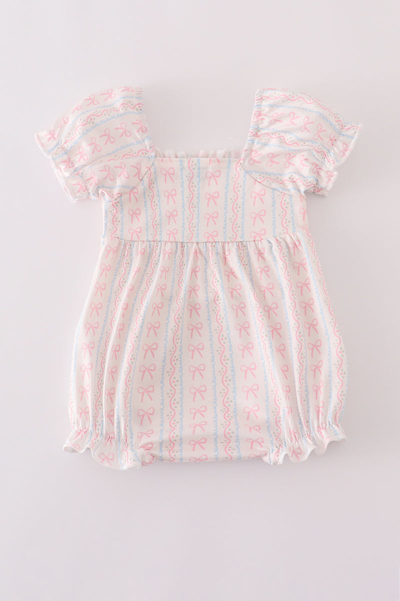 Pink Bow Embroidery Smocked Bubble