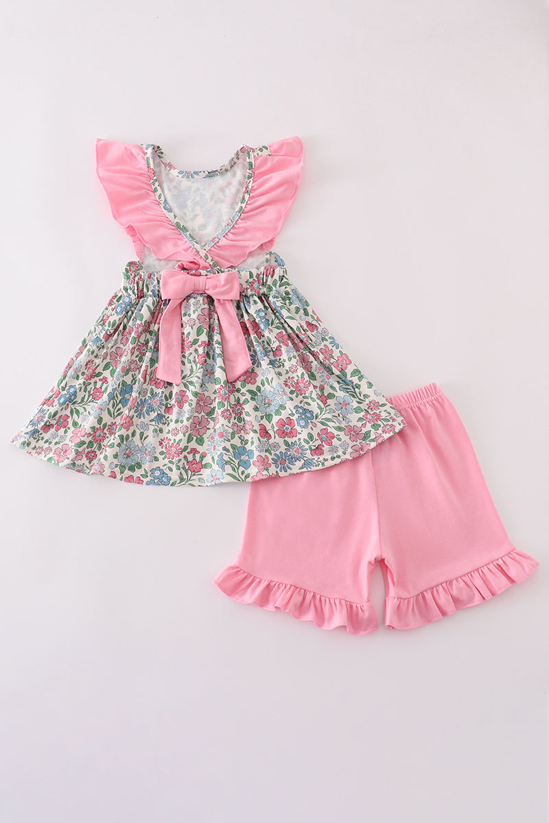 Vintage Floral Print Ruffle Shorts Set